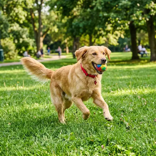 Playful Medium-Sized Dog Fetching Multicolored Ball in Green Park