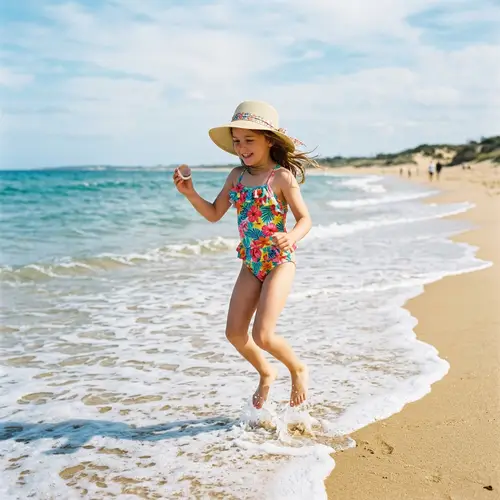 Cute Swimsuit Girl Playing by the Seaside
