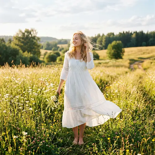 Blonde Girl in a White Dress in Sunlit Meadow