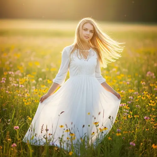 Blonde Girl in a White Dress in Sunlit Meadow