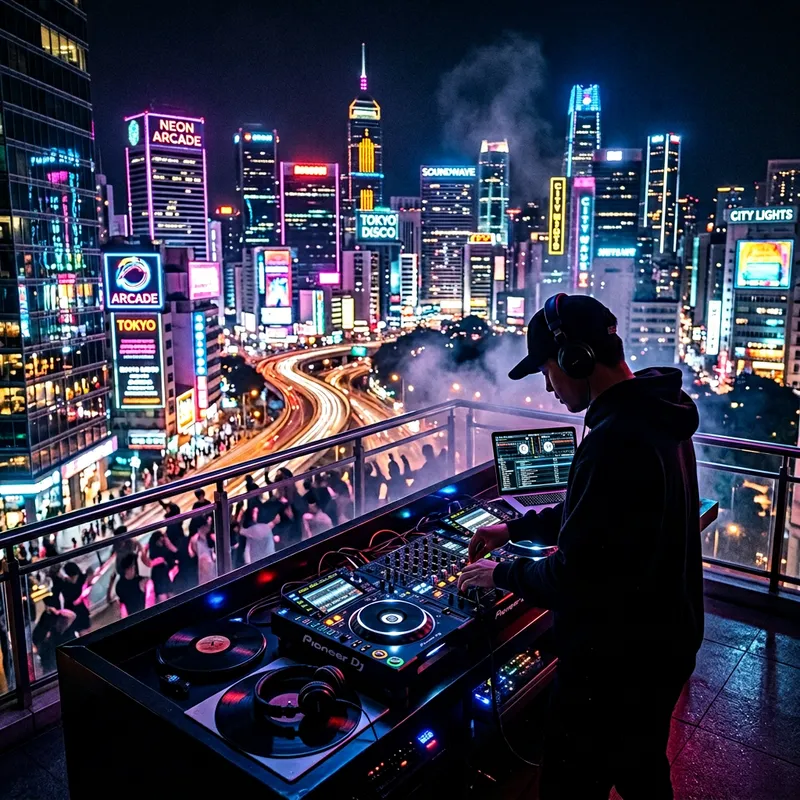 Vibrant Cityscape with Neon Lights - DJ Booth Nightlife Vibrant Cityscape with Neon Lights - DJ Booth Nightlife