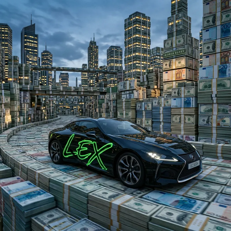Black Lexus Car with Green Lex Script Driving Through Money City