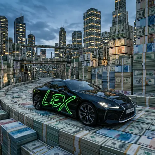 Luxury Lexus Car Driving Through Money Cityscape