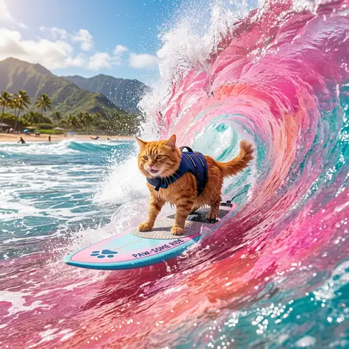 Cat Surfing on Pink Wave | Fun and Adventure