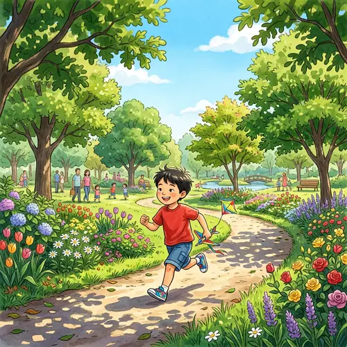 Tranquil Park Scene with Boy Playing - Nature and Joy