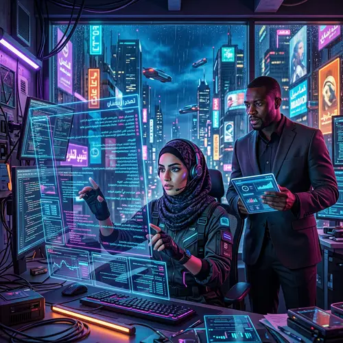 Cyberpunk Computer Expert Helping Business | Neon Coding Scene
