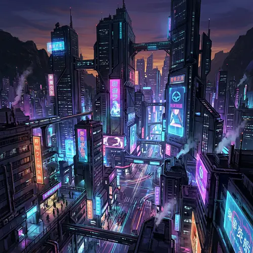 Futuristic Cyberpunk Cityscape at Dusk