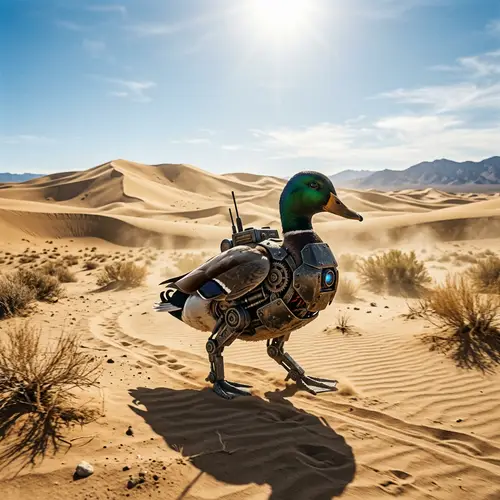 Cyborg Duck in the Desert - Fusion of Organic and Robotic Features