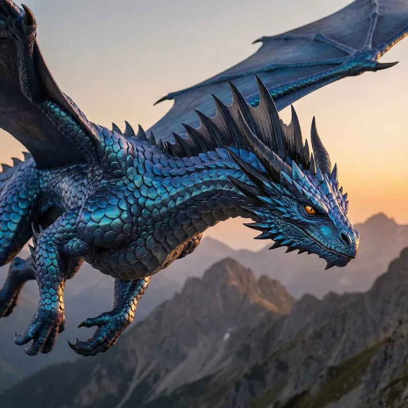Mighty Blue Metallic Dragon in Flight