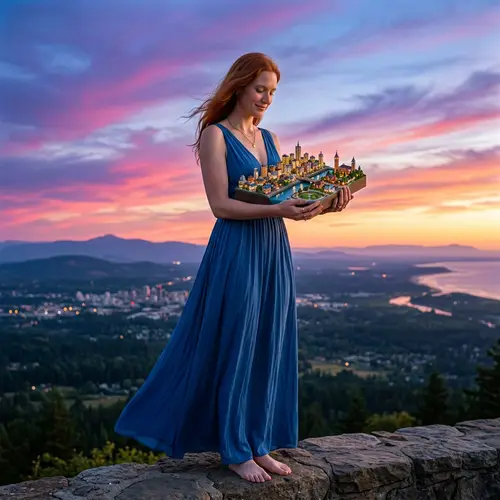 Giantess Woman Holding Miniature City in Hands
