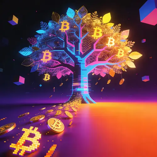 Vibrant Digital Art: Bitcoin Falling from a Tree