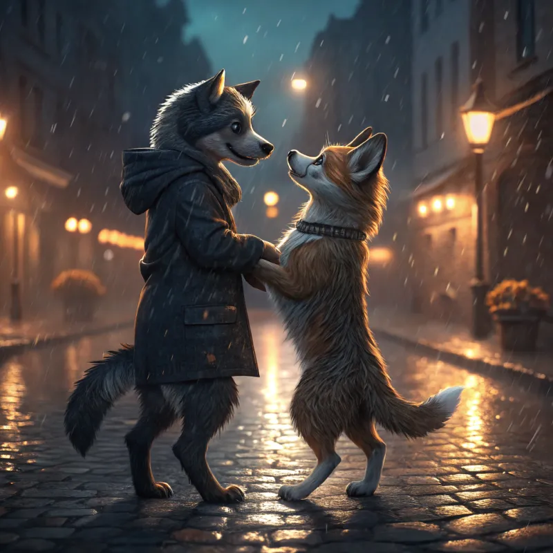 Furry Friends Dance in the Rain – A Romantic Moment