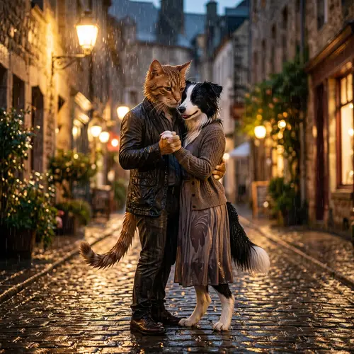 Furry Friends Dance in the Rain – A Romantic Moment