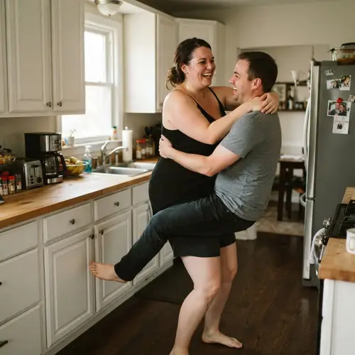 Curvy Woman Lifts Man in Kitchen