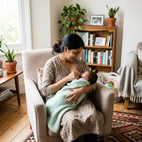 Serene South Asian Mother Breastfeeding in Cozy Room