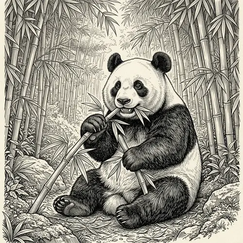 Jovial Panda Line Art: Detailed Monochrome Illustration