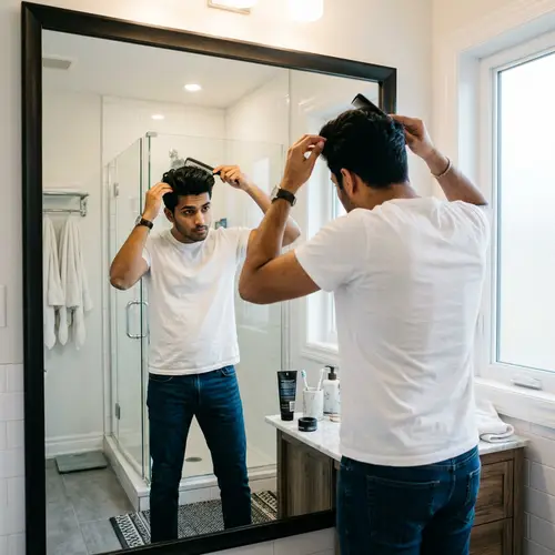 South Asian Man Styling Hair in Brightly Lit Bathroom