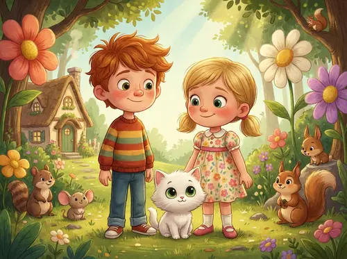Disney Pixar Style: Kids with Adorable White Kitten