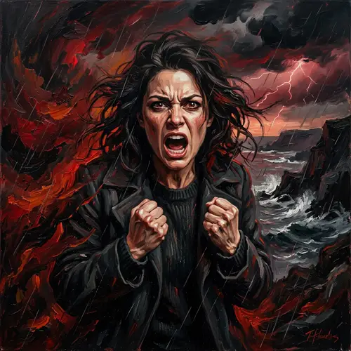 Woman's Fiery Fury: Expressive Artwork