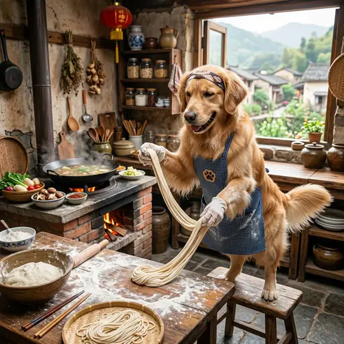 Dog Making Chinese Noodles in Cottage House
