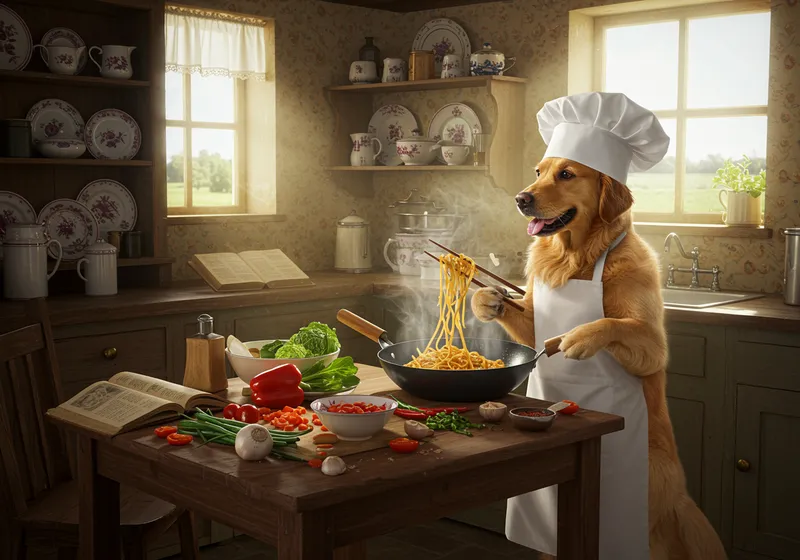 Dog Making Chinese Noodles in Cottage House