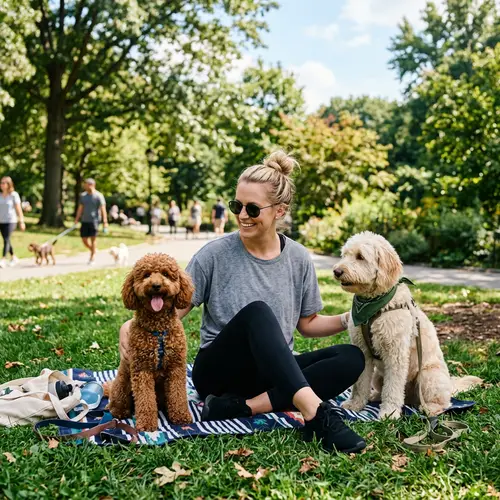 Blonde Woman with Dogs in Park