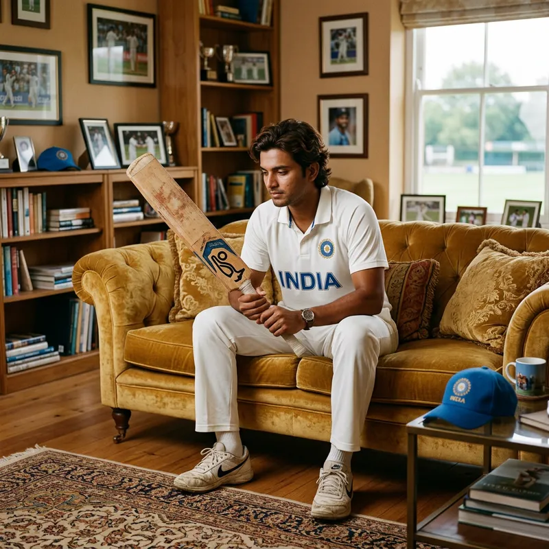 Golden Sofa with Cricketer Watching Bat - Scene Description Golden Sofa with Cricketer Watching Bat - Scene Description