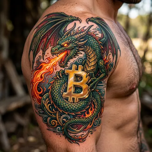 Dragon Tattoo with Golden Bitcoin Symbol Design
