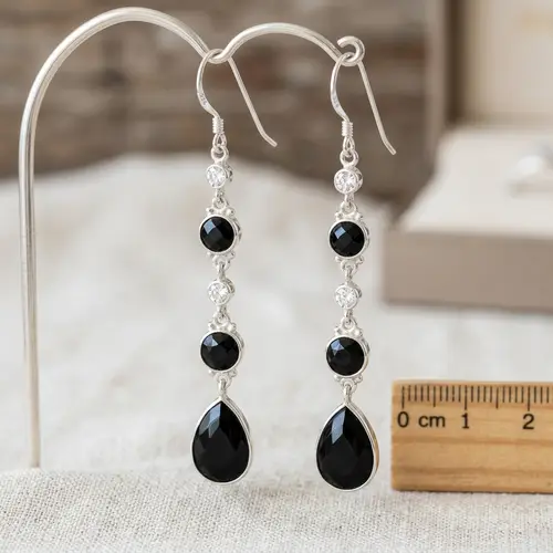 Elegant 4.5cm Silver Earrings with Black and White Stones