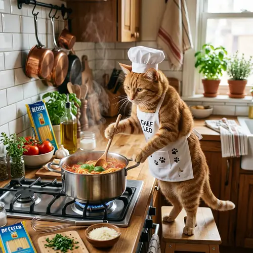 Cat Cooking Pasta - Adorable Feline Chef