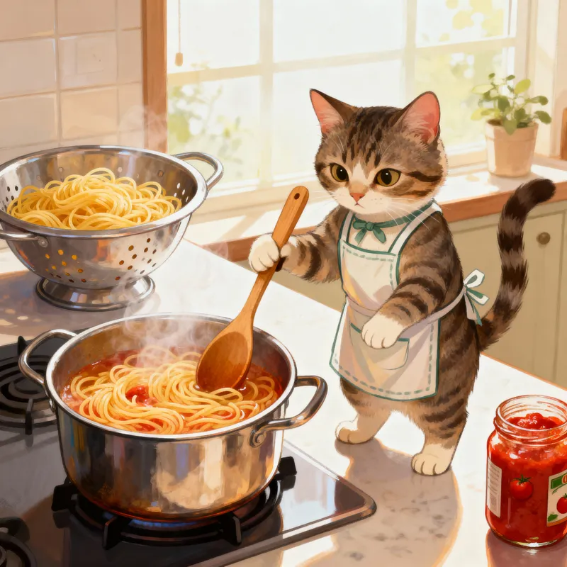 Cat Cooking Pasta - Adorable Feline Chef