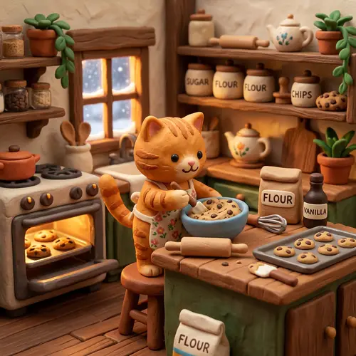 Whimsical Orange Cat Baking Cookies Animation