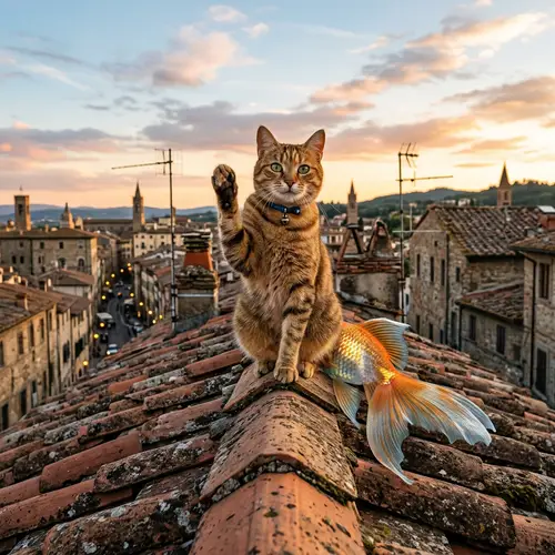 Cat with Fish Tail on Rooftop - Unique Feline Character