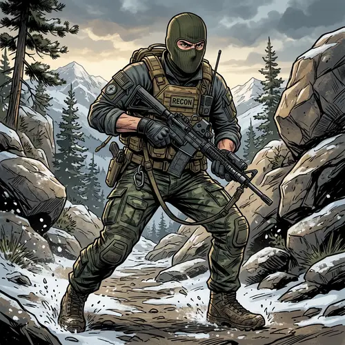 Adventure Cartoon Character in Ski Mask with Rifle