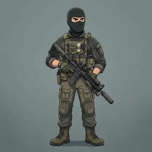 Cartoon Character in Ski Mask and Tactical Gear with Rifle
