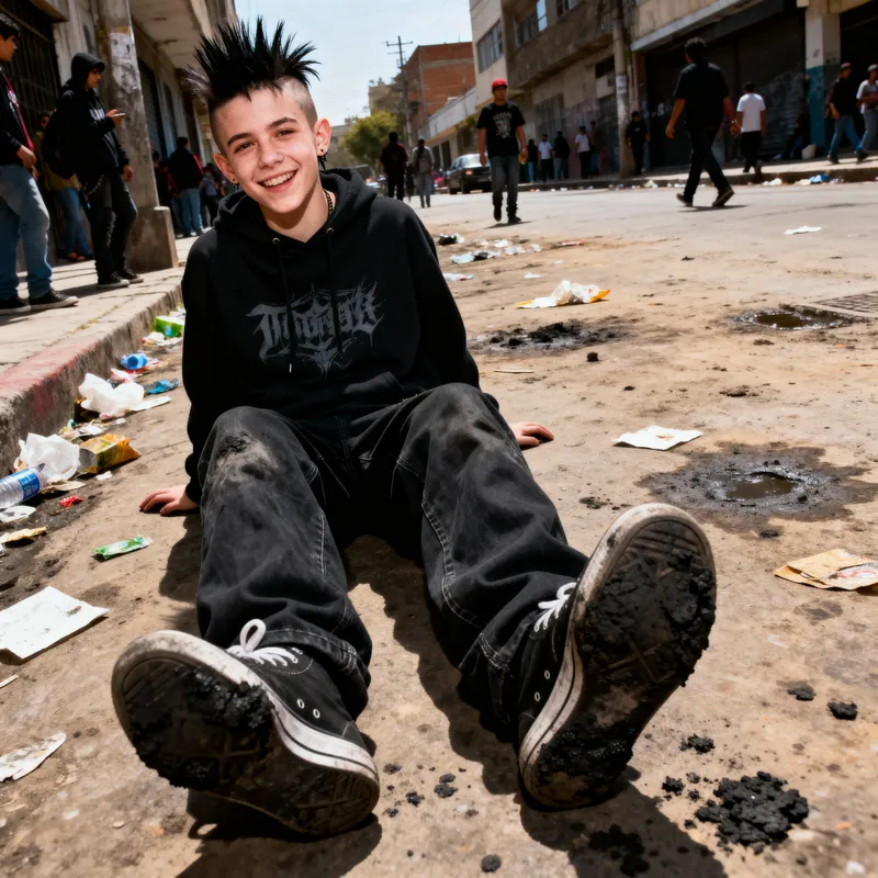 Teen Boy with Dirty Feet in Urban Street Scene Teen Boy with Dirty Feet in Urban Street Scene