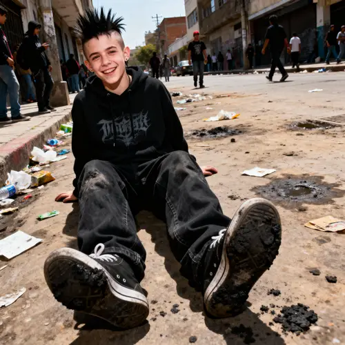 Teen Boy with Dirty Feet in Urban Street Scene