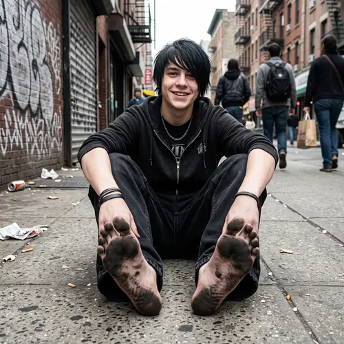 Teen Boy with Dirty Feet in Urban Street Scene