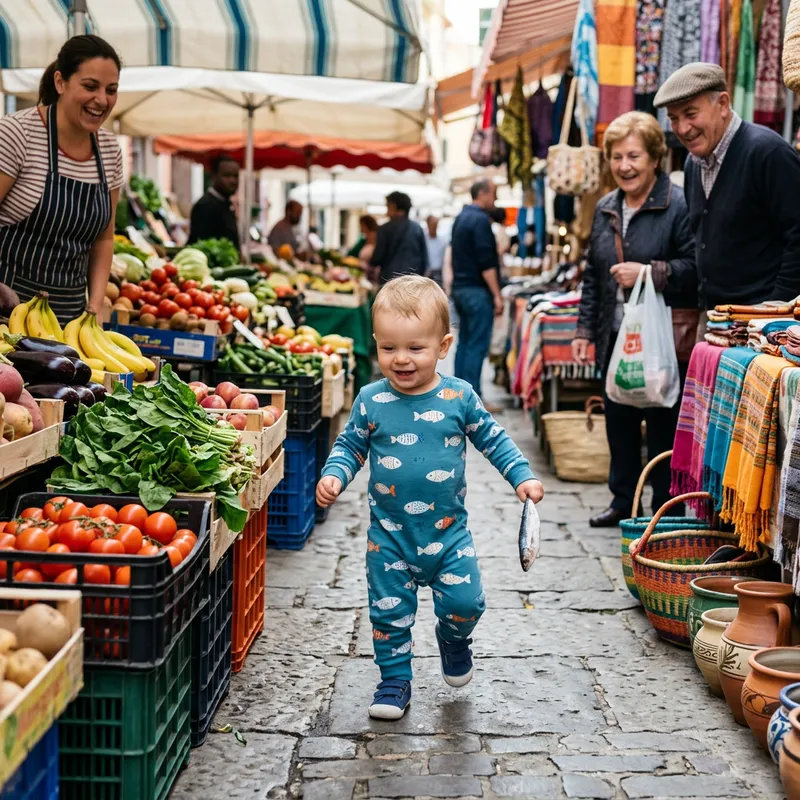 Cute Caucasian Baby Running in Marketplace with Fish