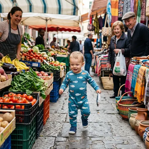 Caucasian Baby Boy Running in Marketplace with Fish
