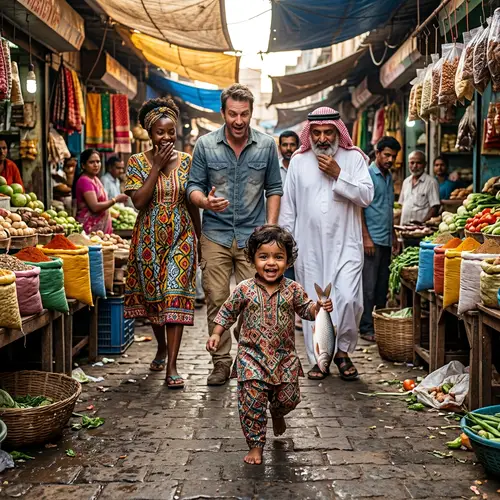 Joyful South Asian Infant Running in Market with Fish