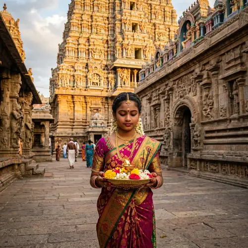Tamil Girl in Silk Saree at South Indian Temple