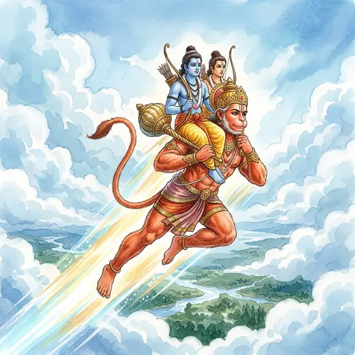 Hanuman - Strength and Agility Soaring Through the Sky with Ram and Lakshman
