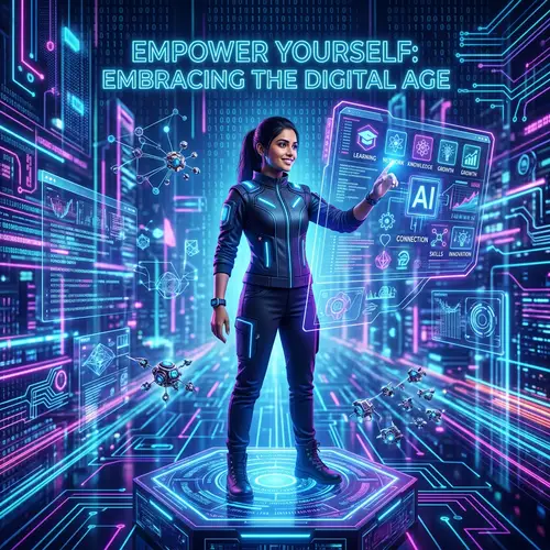 Empower Yourself in the Digital Age: Futuristic Scene with Tech Icons