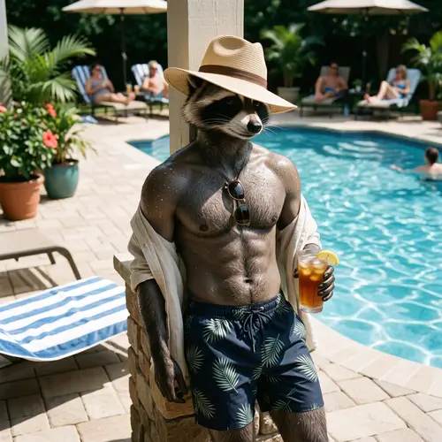 Raccoon Demi-Human in Swim Trunks | Poolside Character Art
