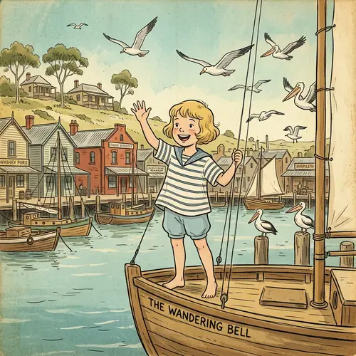 Blonde Girl in Summer Outfit Waving on Boat at Australian Harbor