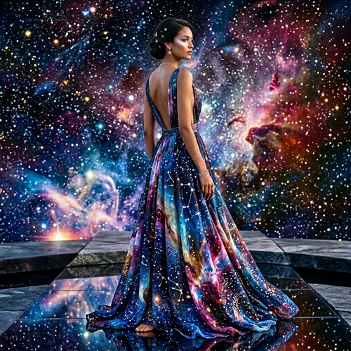 Galactic Style Full-Length Dress with V-neck and Open Back