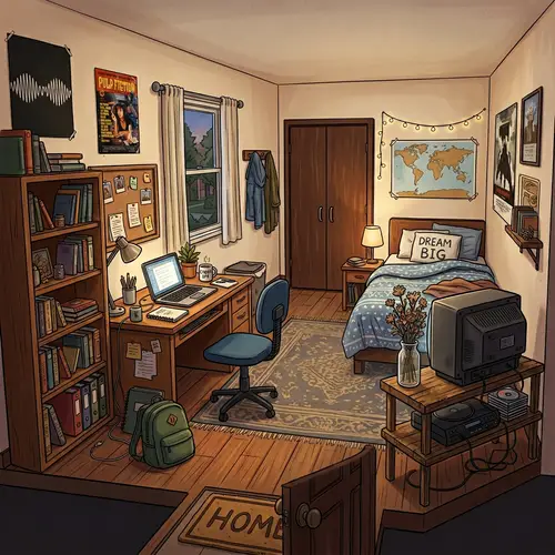 Student Bedroom Setup with Bookshelf, Bed, and Study Table