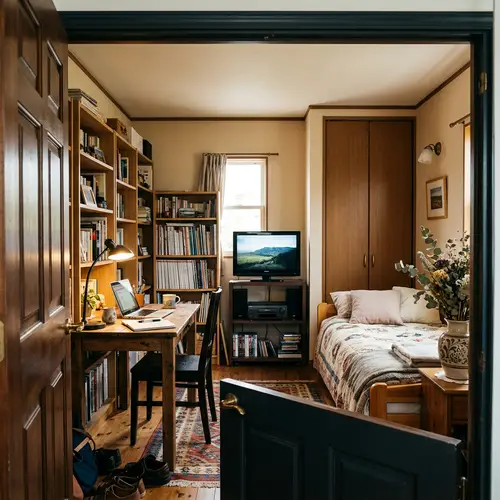 Intimate Room Design with Bookshelves, Study Table, Single Bed