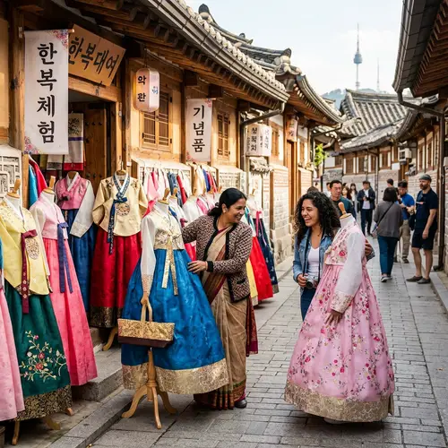 Colorful Hanbok Robes Exhibition in Hanok Street - South Korea